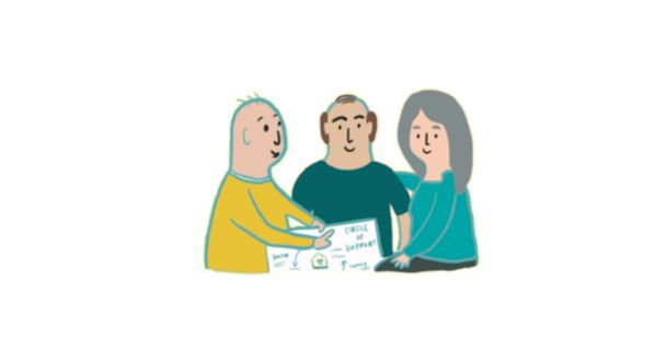 A drawing of two men and a woman discussing housing plans