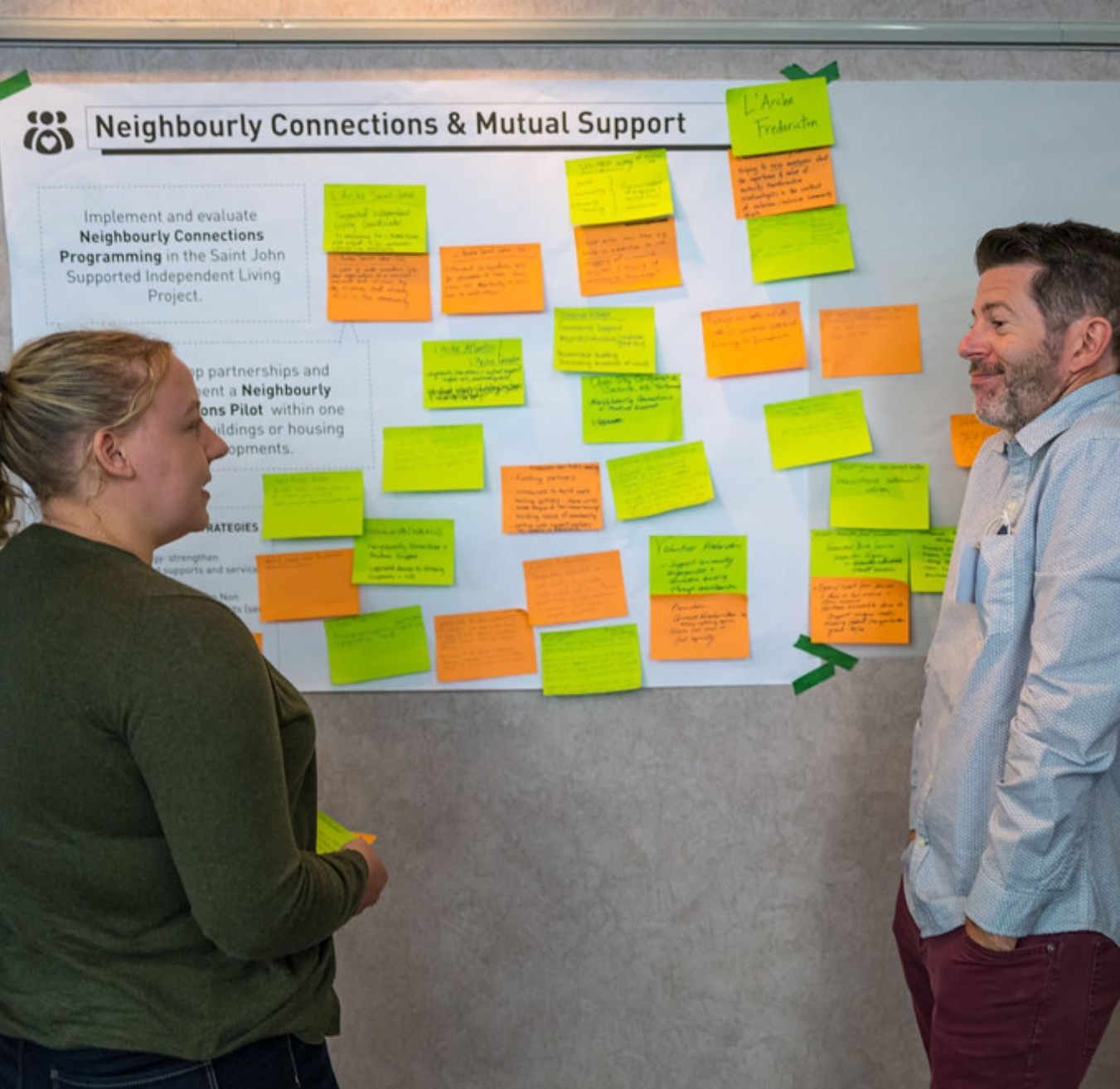 A woman and man standing and speaking together at the Inclusive Housing Solutions Lab Forum, positioned in front of a wall with a poster covered in sticky notes labeled Neighbourly Connections and Mutual Support